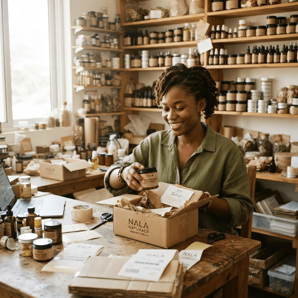 African beauty entrepreneur packing handmade skincare orders in her studio